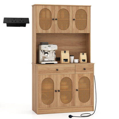 Kitchen Storage Cabinet with Charging Station and 6 Rattan Doors-Natural