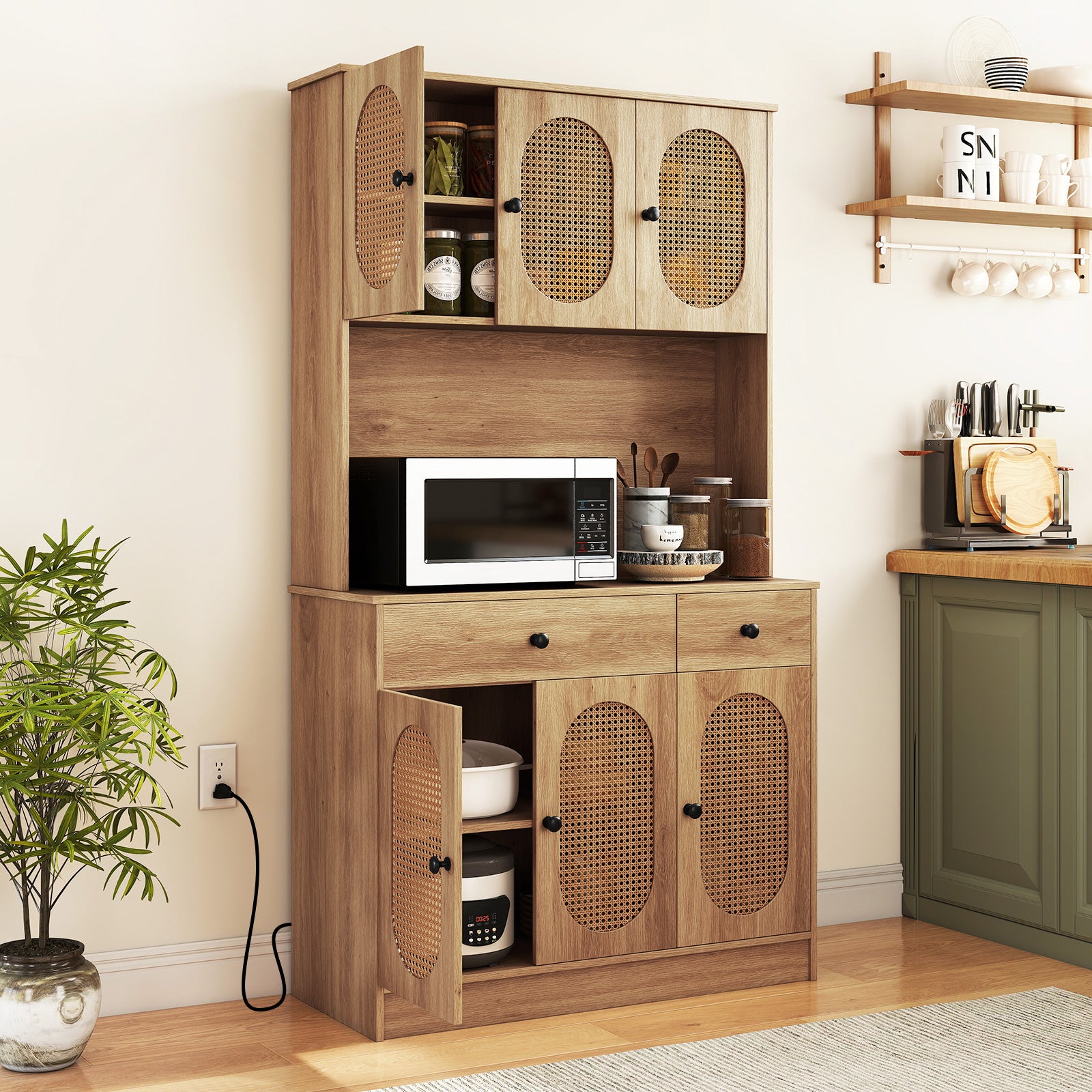 Kitchen Storage Cabinet with Charging Station and 6 Rattan Doors-Natural