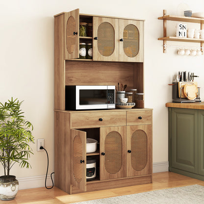 Kitchen Storage Cabinet with Charging Station and 6 Rattan Doors-Natural
