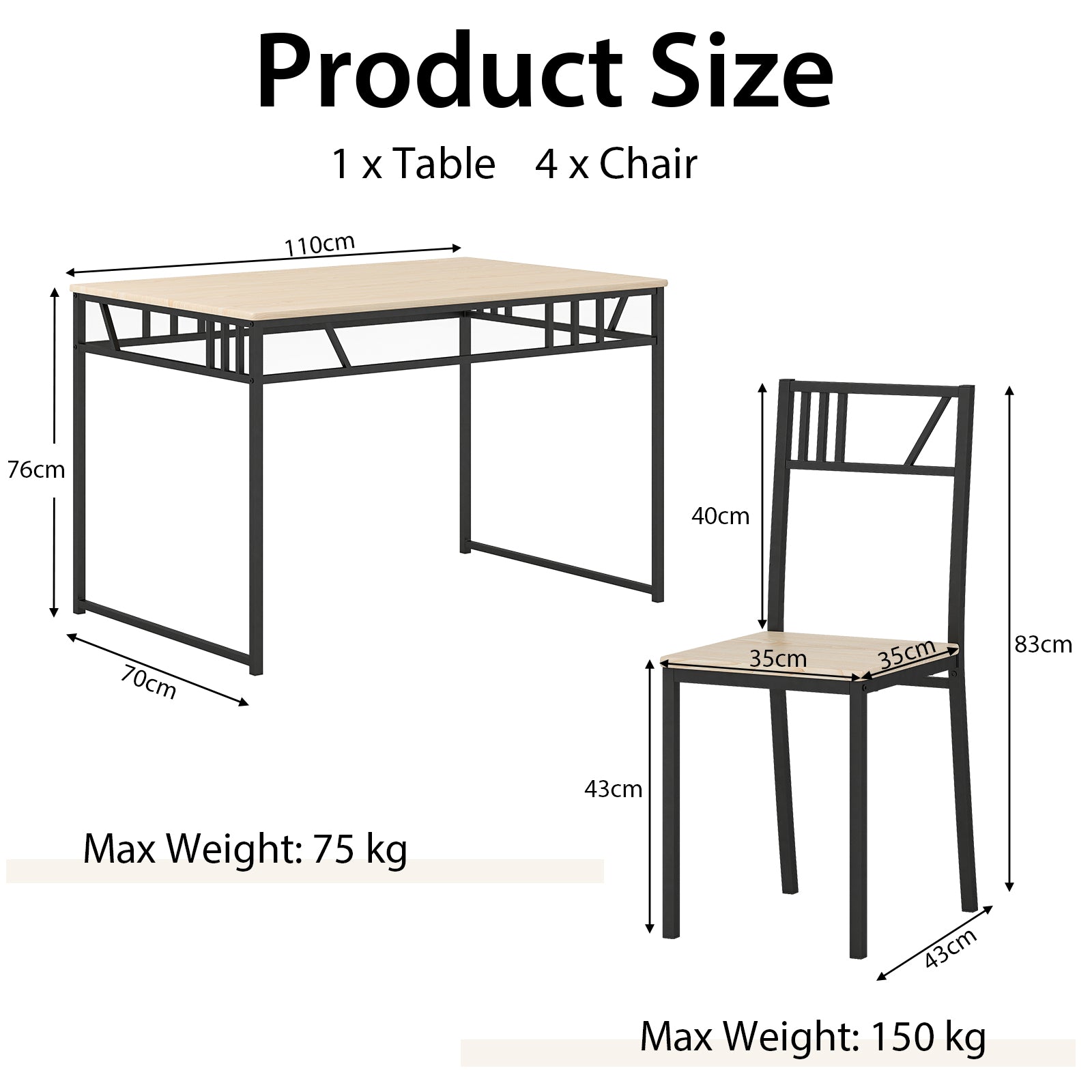 Industrial-Style Kitchen Table and 4 Chairs with Wood Like Tabletop and Metal Frame-Natural