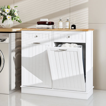 2-Door Kitchen Tilt Out Trash Bin Cabinet with 2 Pull-out Drawers-White