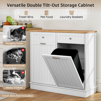 2-Door Kitchen Tilt Out Trash Bin Cabinet with 2 Pull-out Drawers-White