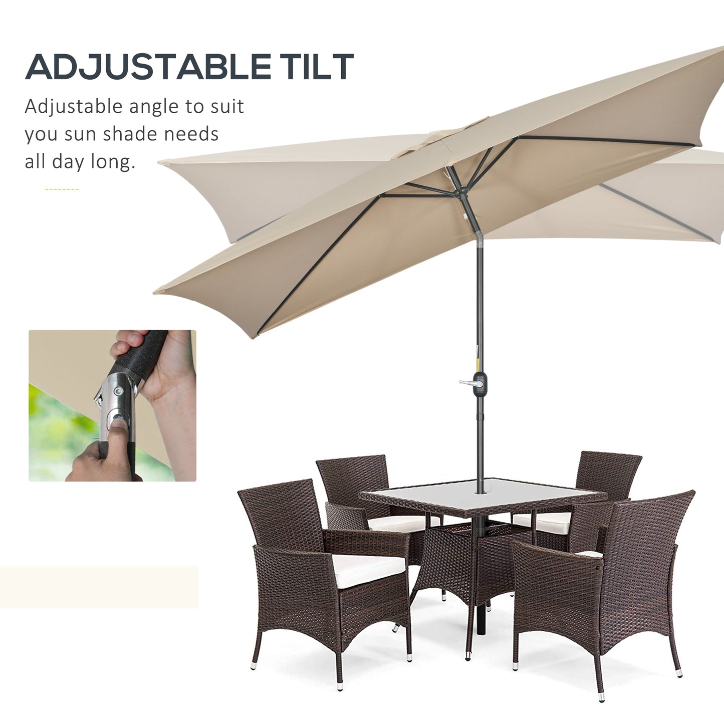 Outsunny 3x2m Garden Parasol Umbrella with Aluminium Pole, Tilt and Crank, Rectangular Outdoor Table Parasol Sun Shade for Patio, Khaki