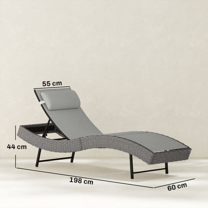 Outsunny Rattan Sun Lounger, Garden Recliner with 5 Position Adjustable Back, S Shaped Texteline Seat, Headrest, Light Grey