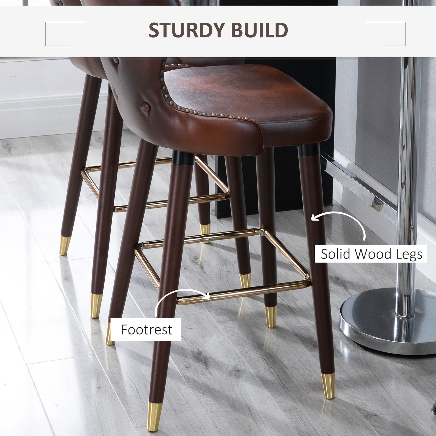 HOMCOM Bar Stools Set of 2, PU Leather Barstools with Back, Footrest and Wood Legs for Kitchen, Counter, Breakfast Bar, Brown