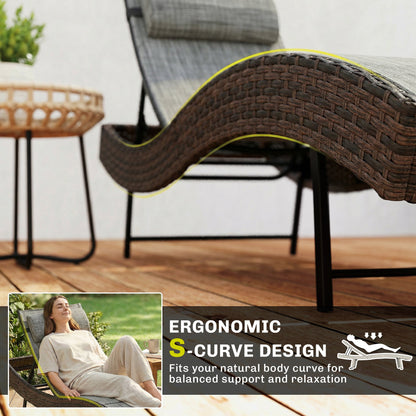 Outsunny Rattan Sun Lounger, Garden Recliner with 5 Position Adjustable Back, S Shaped Texteline Seat, Headrest, Brown