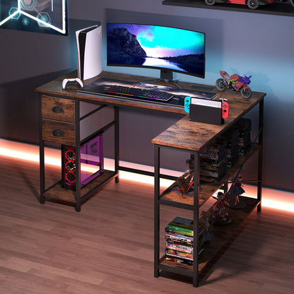 L Shaped Desk with Charging Station and 2 Fabric Drawers for Small Space-Rustic Brown