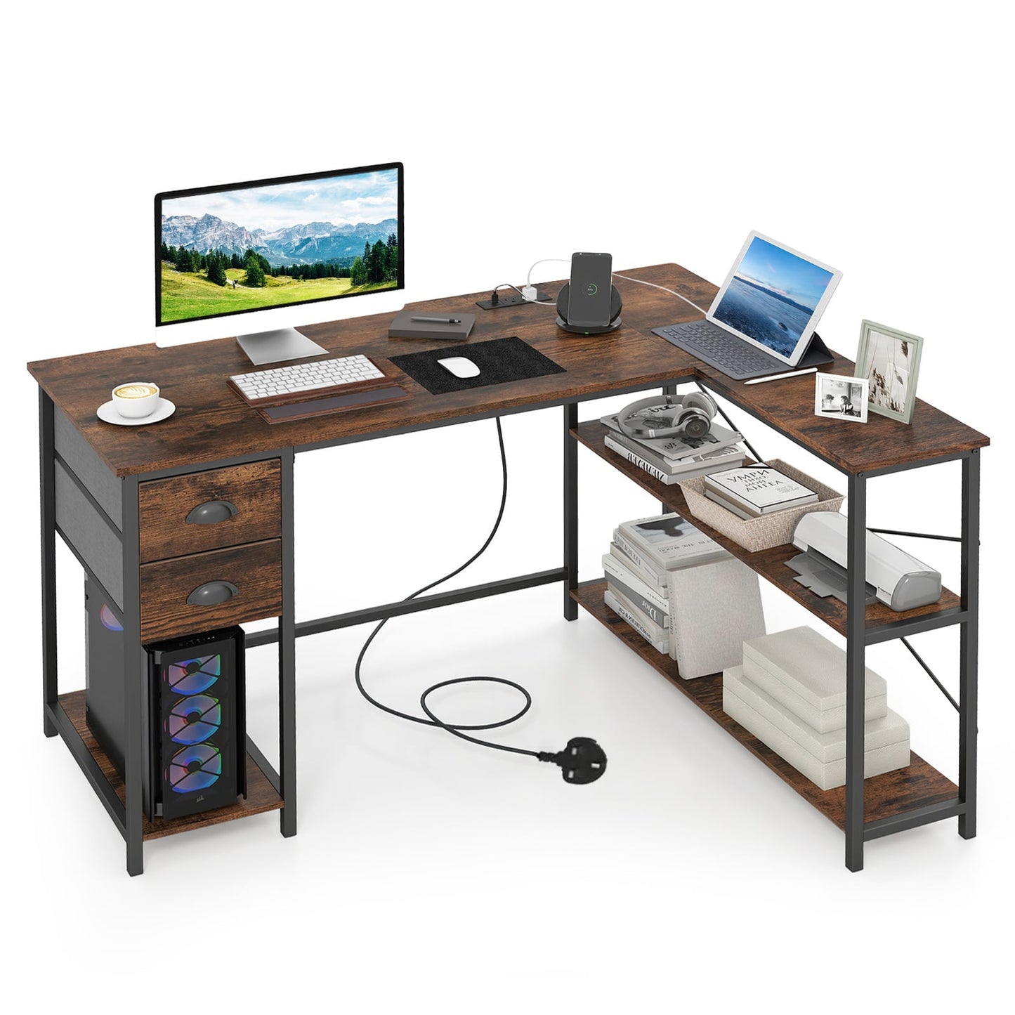 L Shaped Desk with Charging Station and 2 Fabric Drawers for Small Space-Rustic Brown