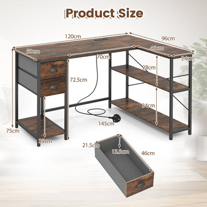 L Shaped Desk with Charging Station and 2 Fabric Drawers for Small Space-Rustic Brown