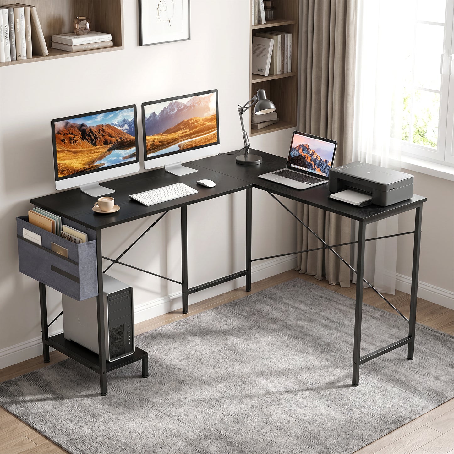 L Shaped Office Desk with Drawer Reversible Corner Computer Desk-Black