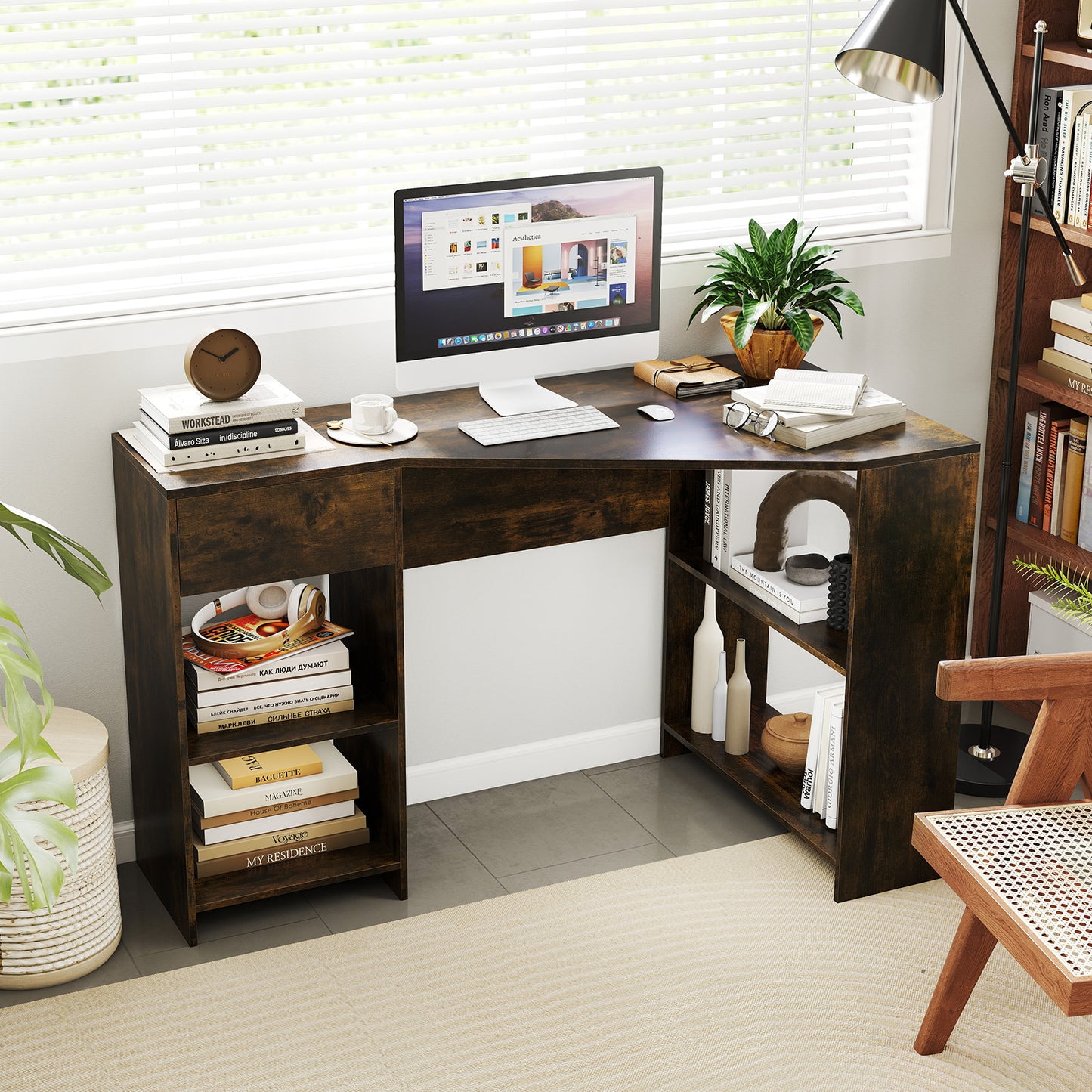 L-Shaped Computer Desk with Storage and Open Shelves for Living Room Bedroom-Rustic Brown