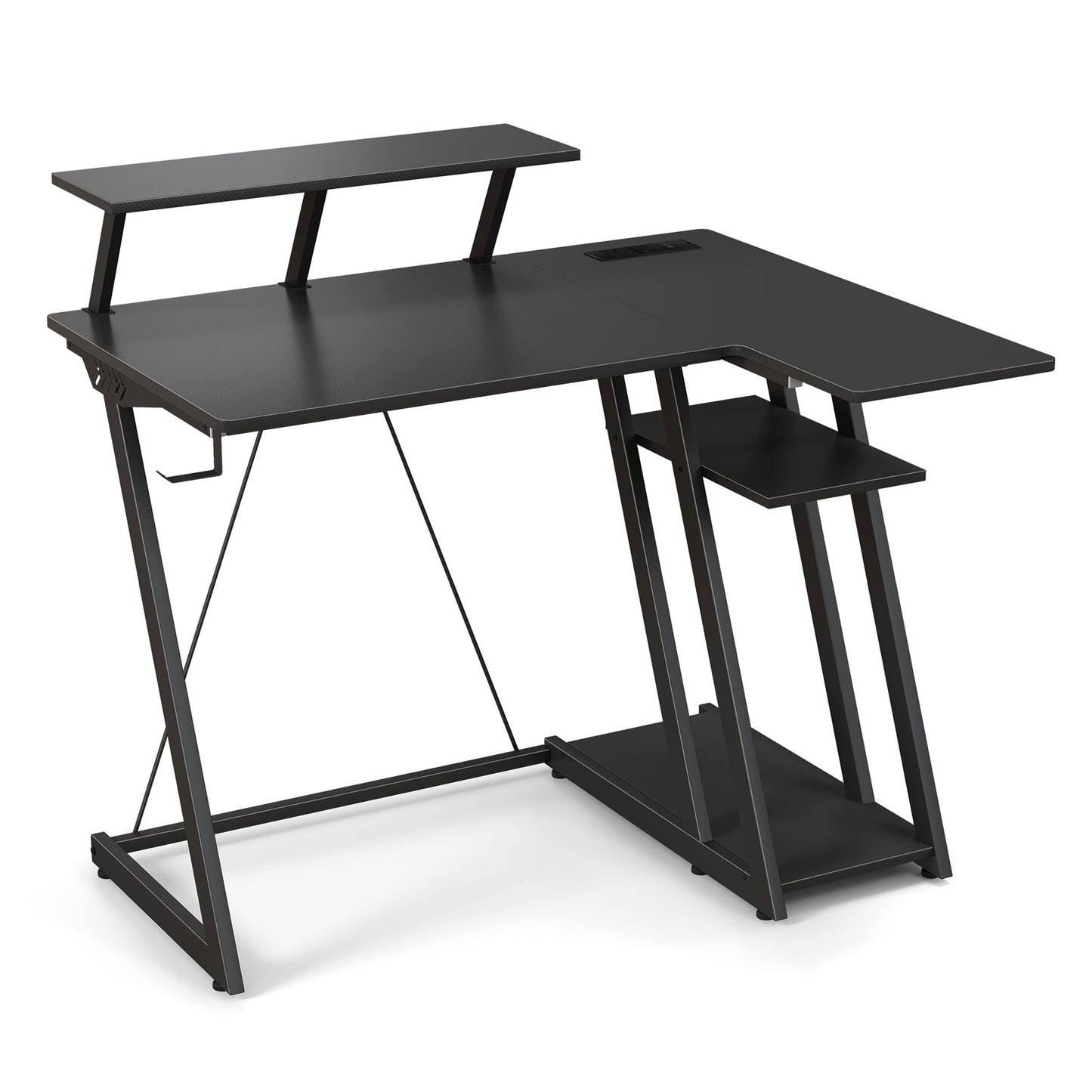 L-Shaped Gaming Desk with Outlets USB Ports and Monitor Shelf-Black