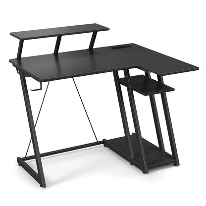 L-Shaped Gaming Desk with Outlets USB Ports and Monitor Shelf-Black