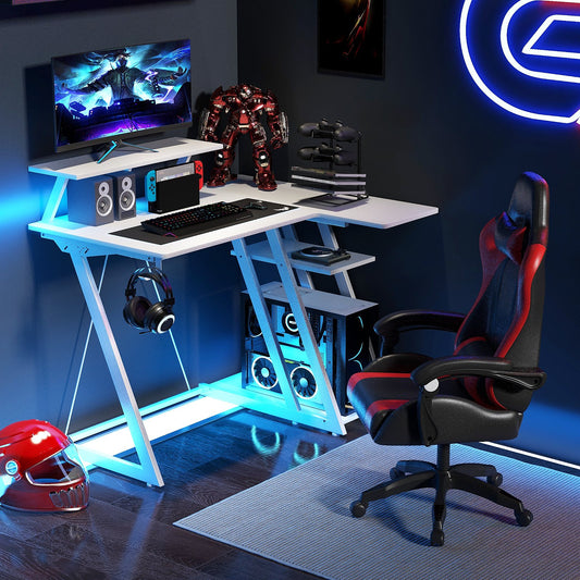 L-Shaped Gaming Desk with Outlets USB Ports and Monitor Shelf-White