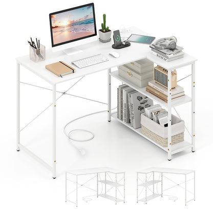 L-shaped Desk with Power Outlet with Reversible Adjustable Storage Shelves-White