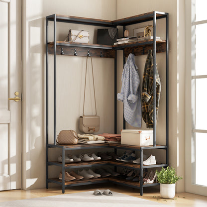 L-shaped Clothes Corner Garment Rack with Open Shelves and 7 Hooks-Rustic Brown