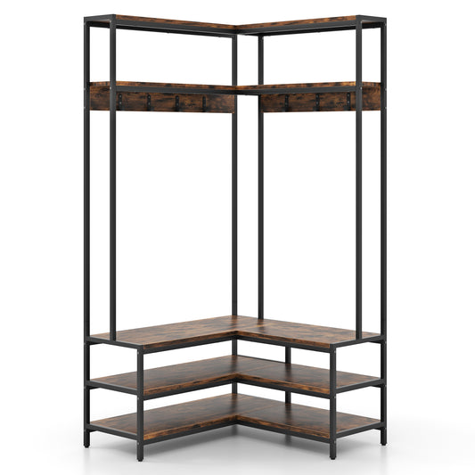 L-shaped Clothes Corner Garment Rack with Open Shelves and 7 Hooks-Rustic Brown