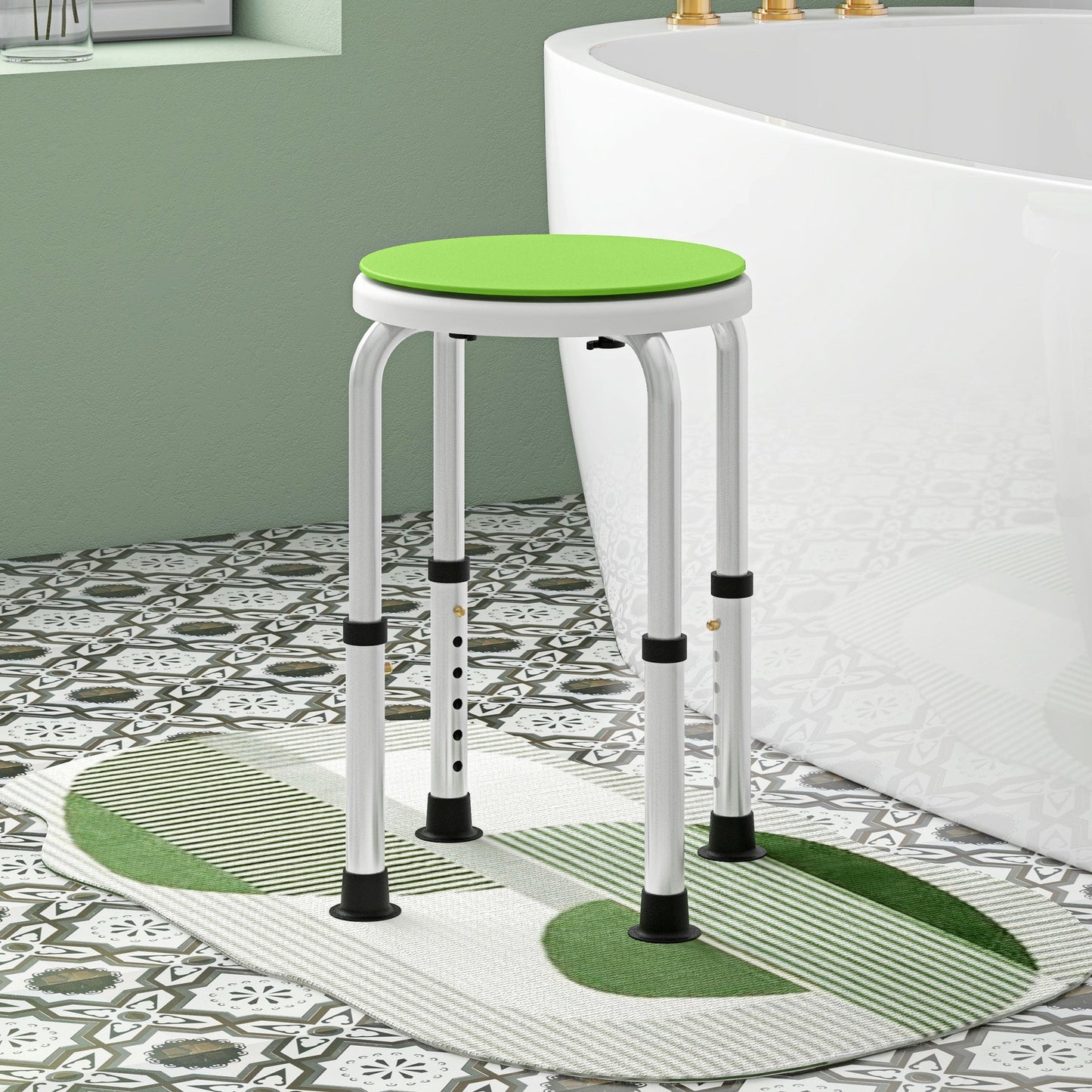 HOMCOM 360  Swivel Shower Chair, Height Adjustable Aluminium Shower Stool with Non-Slip Feet for Disabled, Elderly, Green