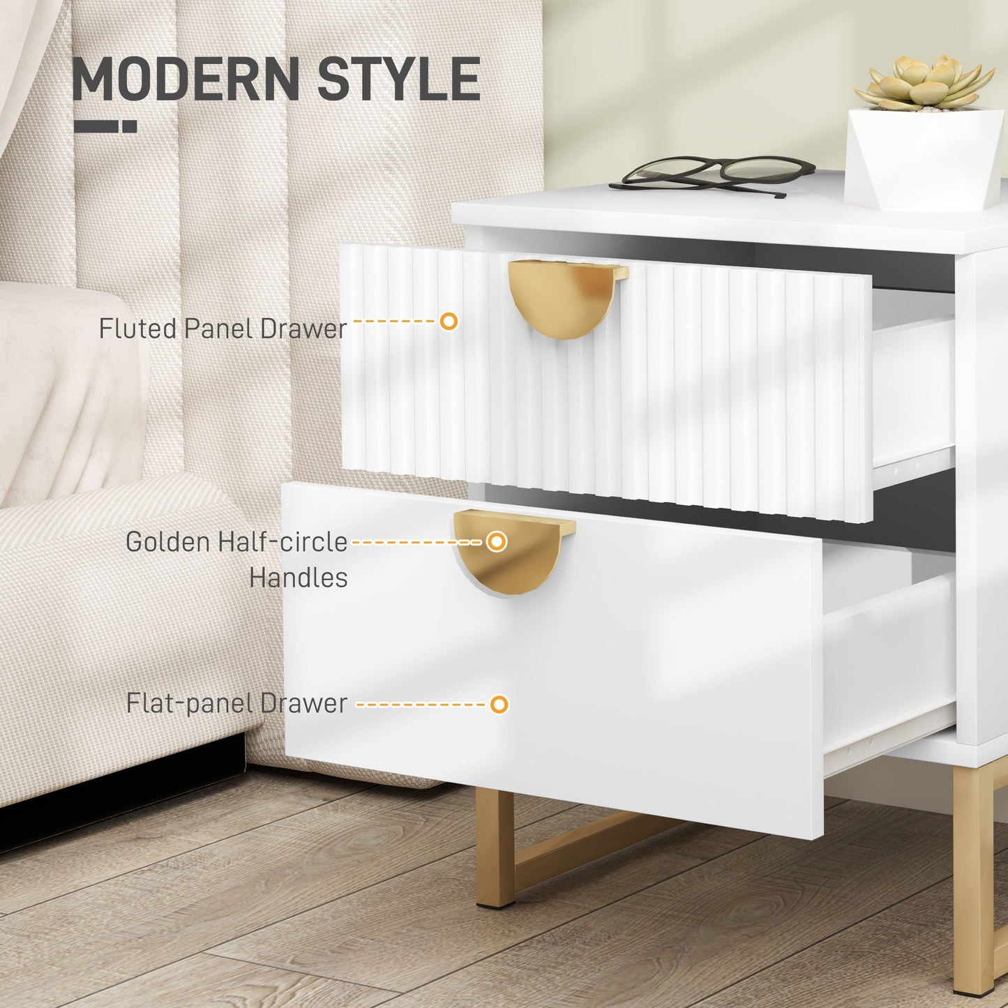 HOMCOM Elegant Two-Drawer Bedside Table - White
