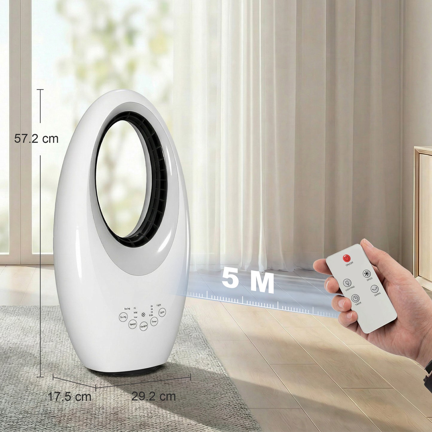 HOMCOM Bladeless Tower Fan, 36dB Standing Cooling Fan with 60° Oscillating, LED Lights, 3 Speeds, 7.5H Timer, Remote Control