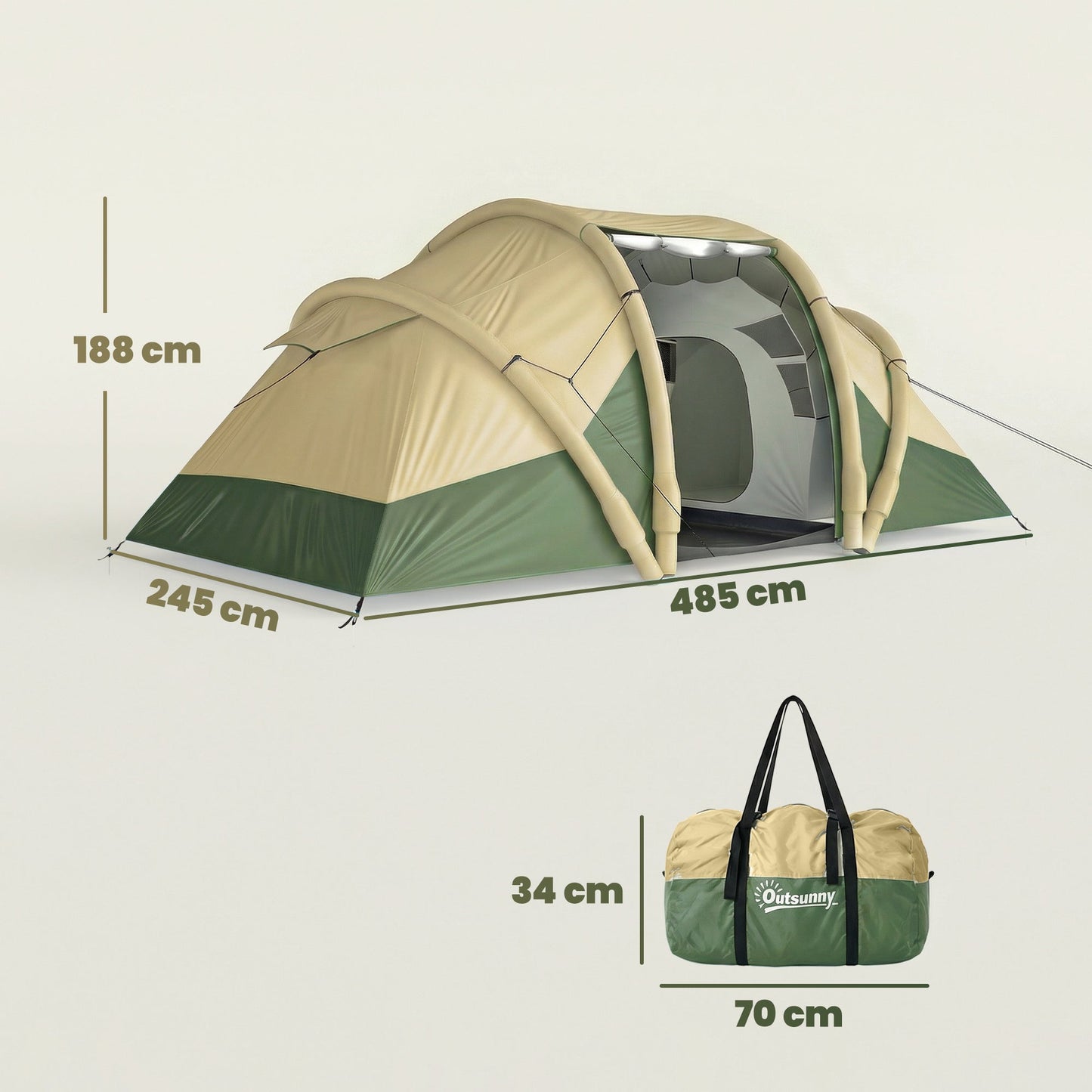 Outsunny Inflatable Tent 2 Bedroom 3000mm Waterproof Windproof Air Tent with Carry Bag for 4 Person