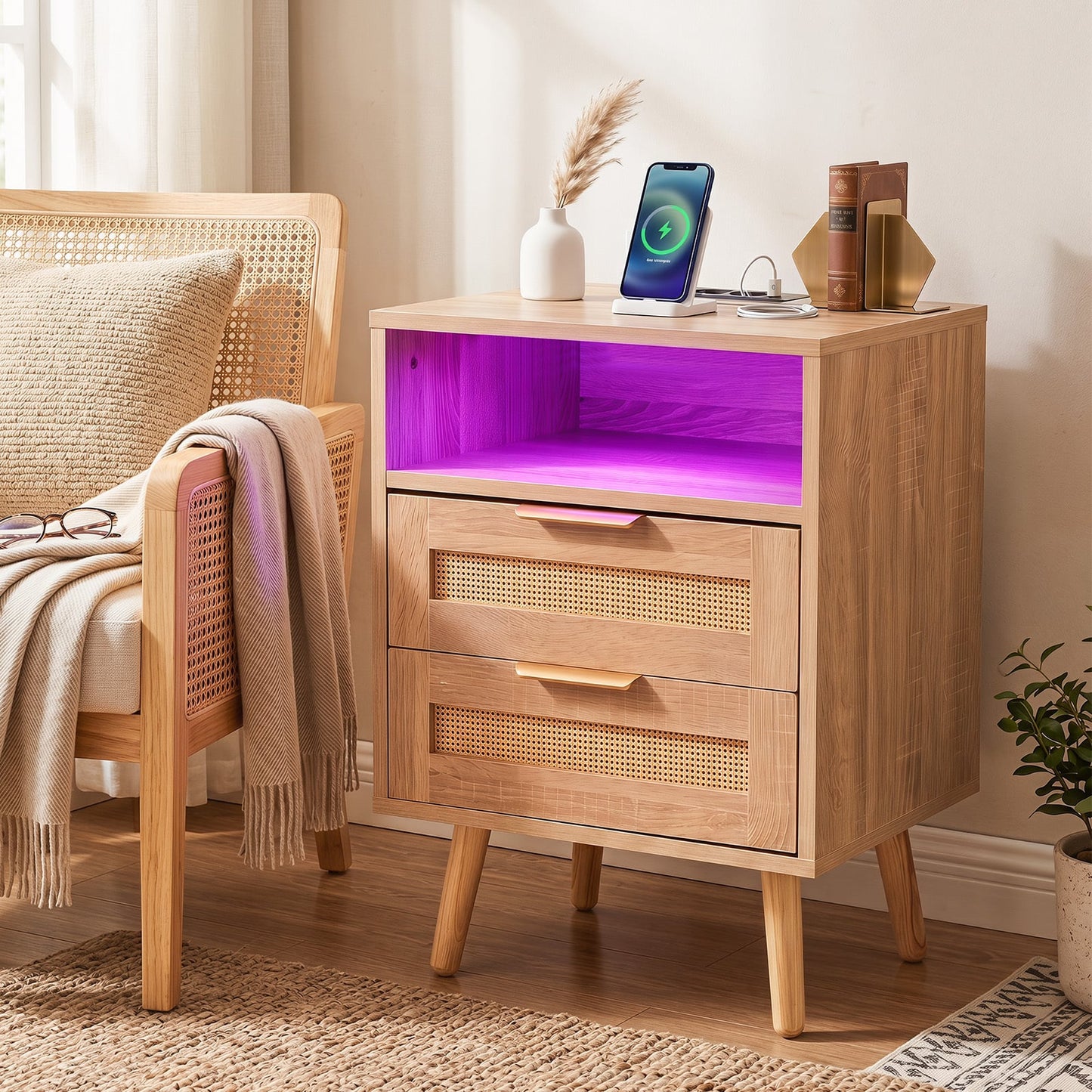 LED Lights Rattan Bedside Table with Charging Station 2 Drawers and Open Storage-Oak