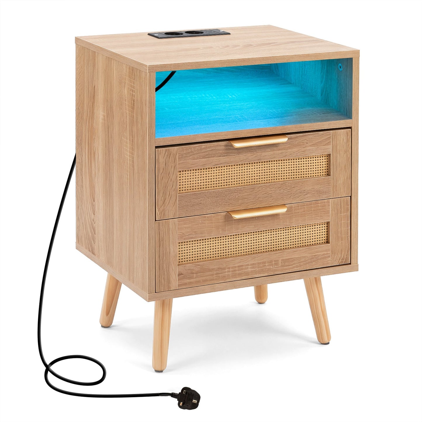 LED Lights Rattan Bedside Table with Charging Station 2 Drawers and Open Storage-Oak