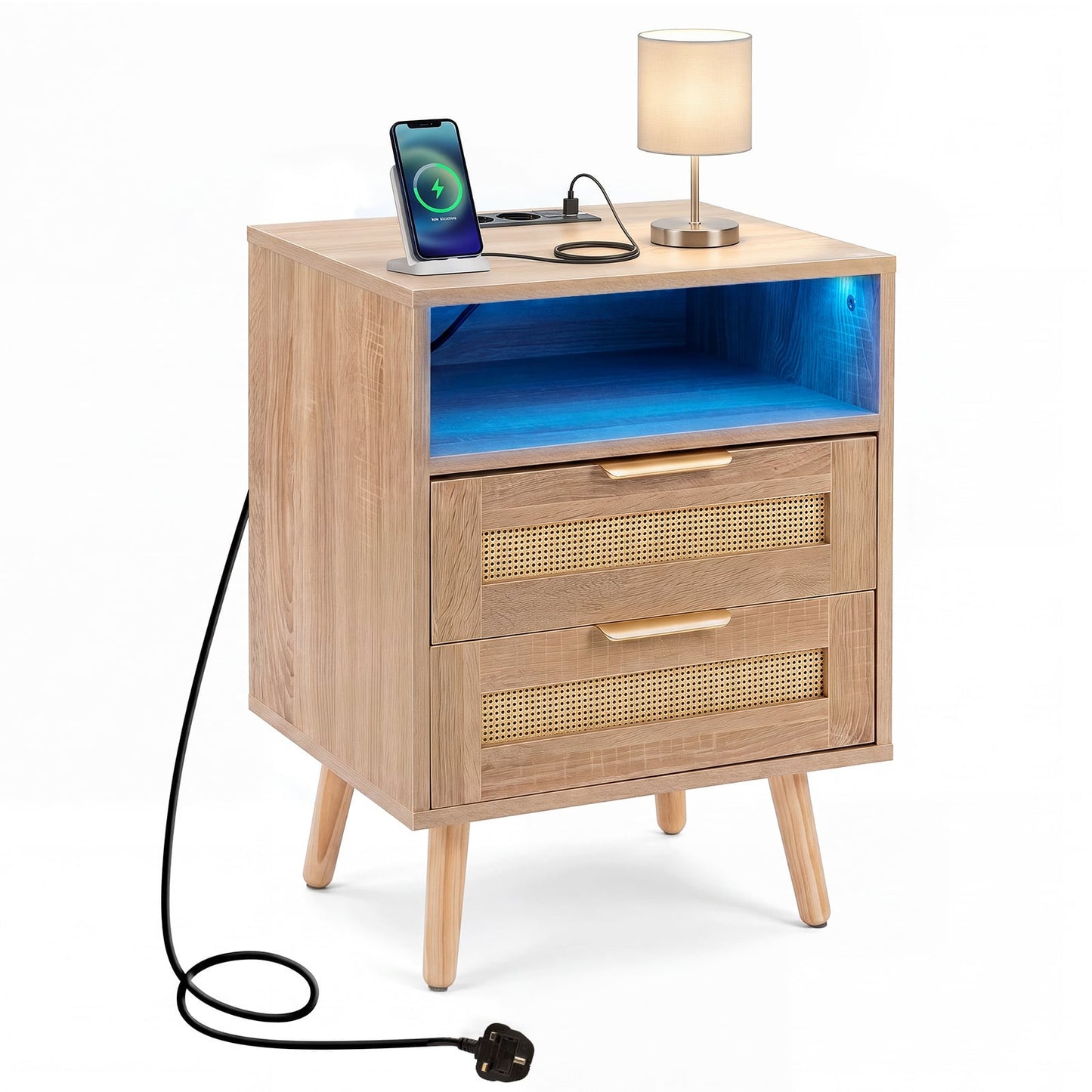 LED Lights Rattan Bedside Table with Charging Station 2 Drawers and Open Storage-Oak