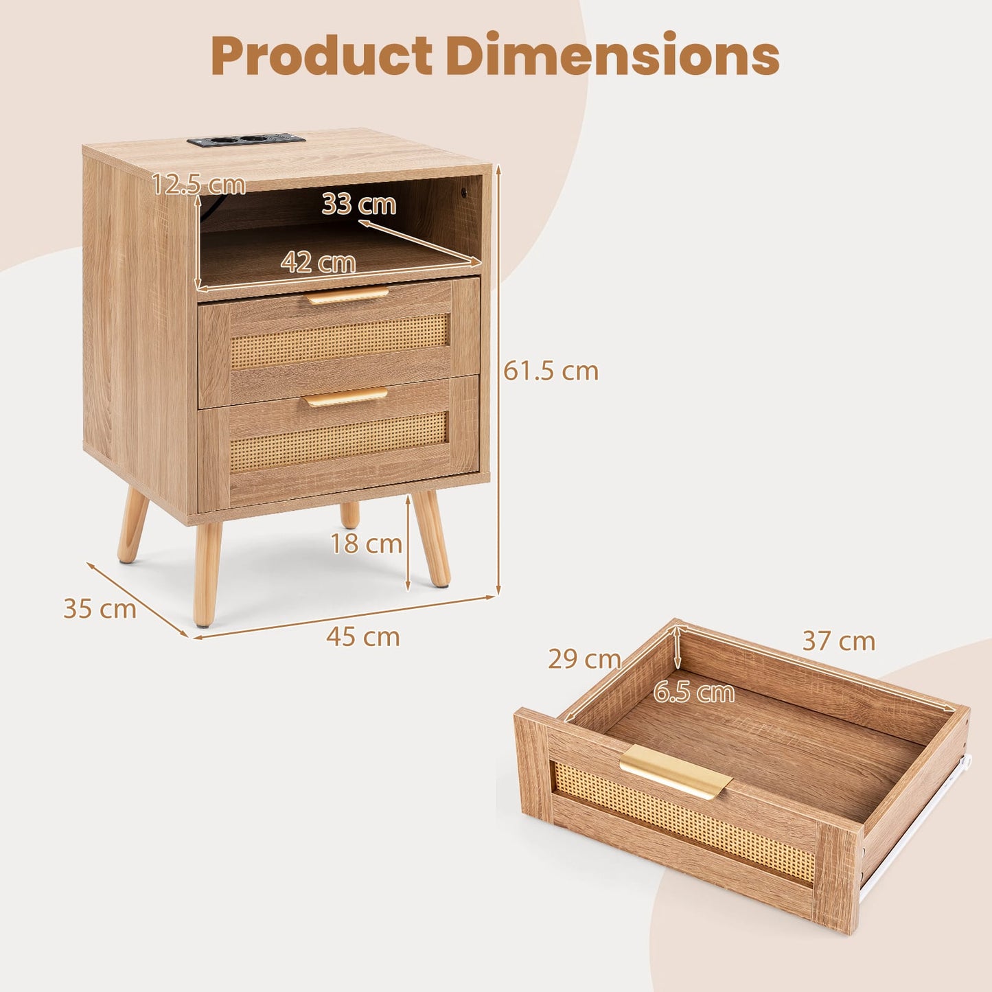 LED Lights Rattan Bedside Table with Charging Station 2 Drawers and Open Storage-Oak