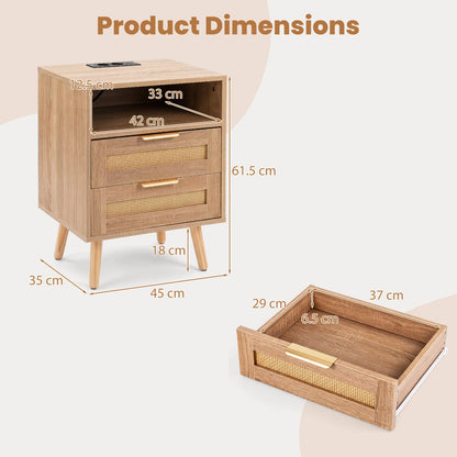 LED Lights Rattan Bedside Table with Charging Station 2 Drawers and Open Storage-Oak
