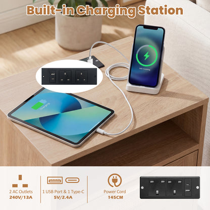 LED Lights Rattan Bedside Table with Charging Station 2 Drawers and Open Storage-Oak