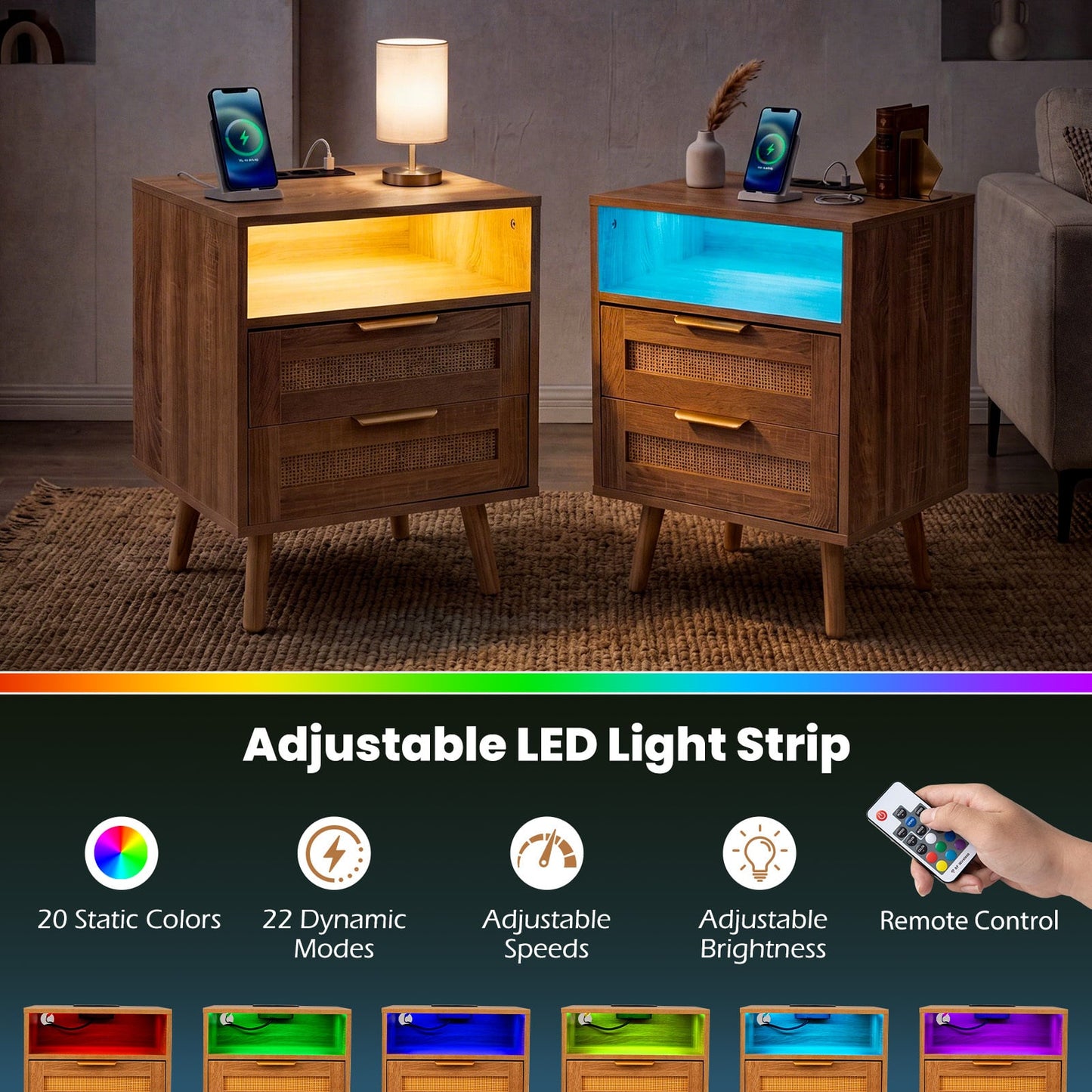 LED Lights Rattan Bedside Table with Charging Station 2 Drawers and Open Storage-Oak