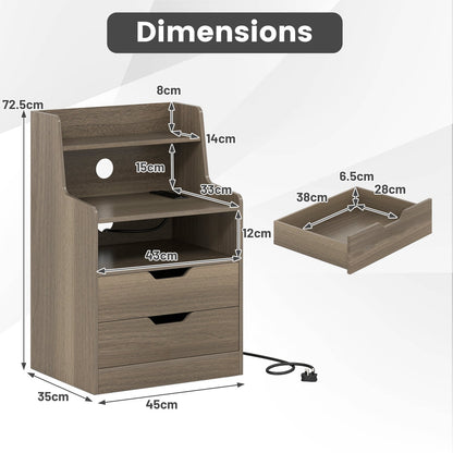 LED Nightstand with Charging Station 2-Drawer Bedside Table with Open Shelf Set of 2-Grey