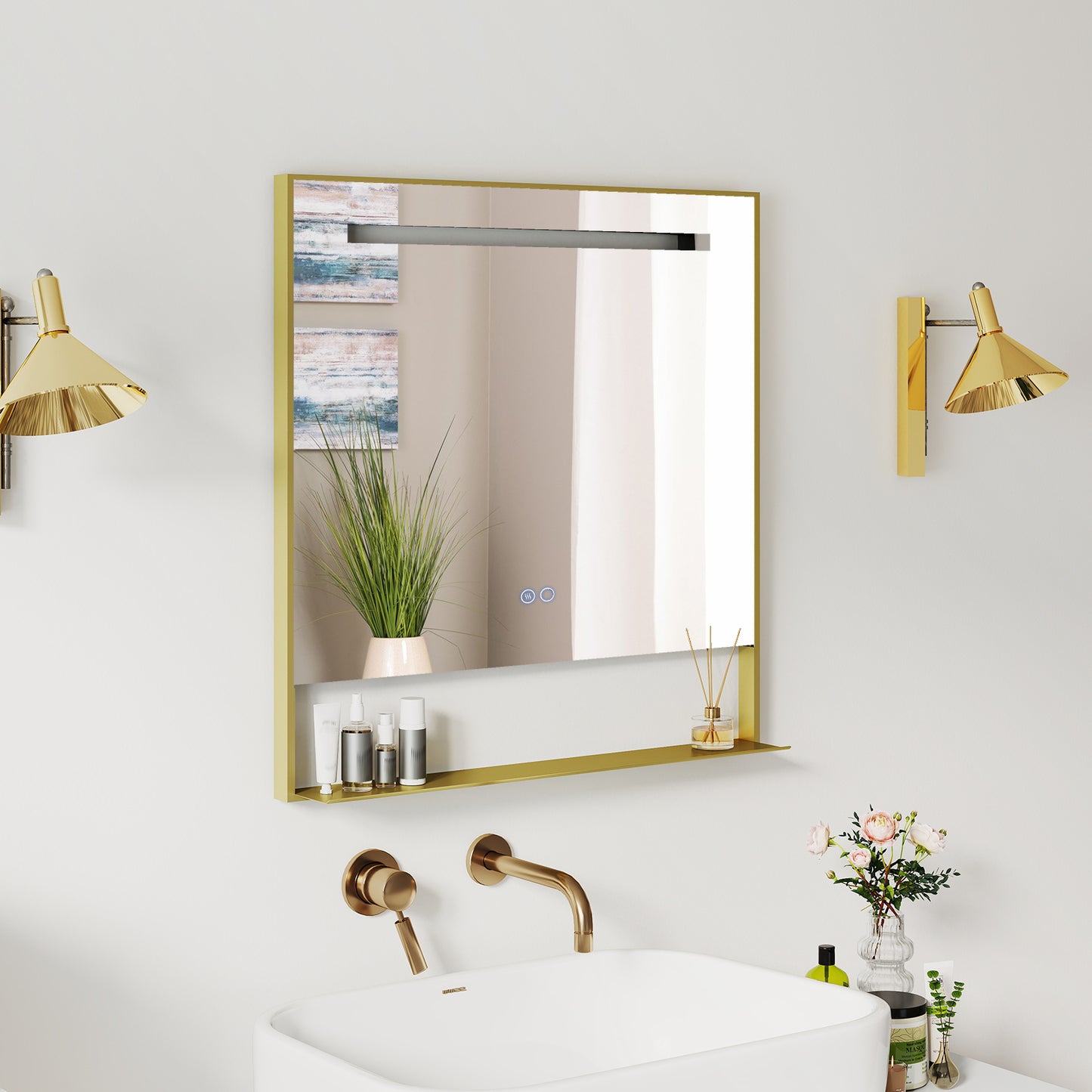 LED Bathroom Mirror with Shelf Aluminum Framed Right-angled Shape-Golden