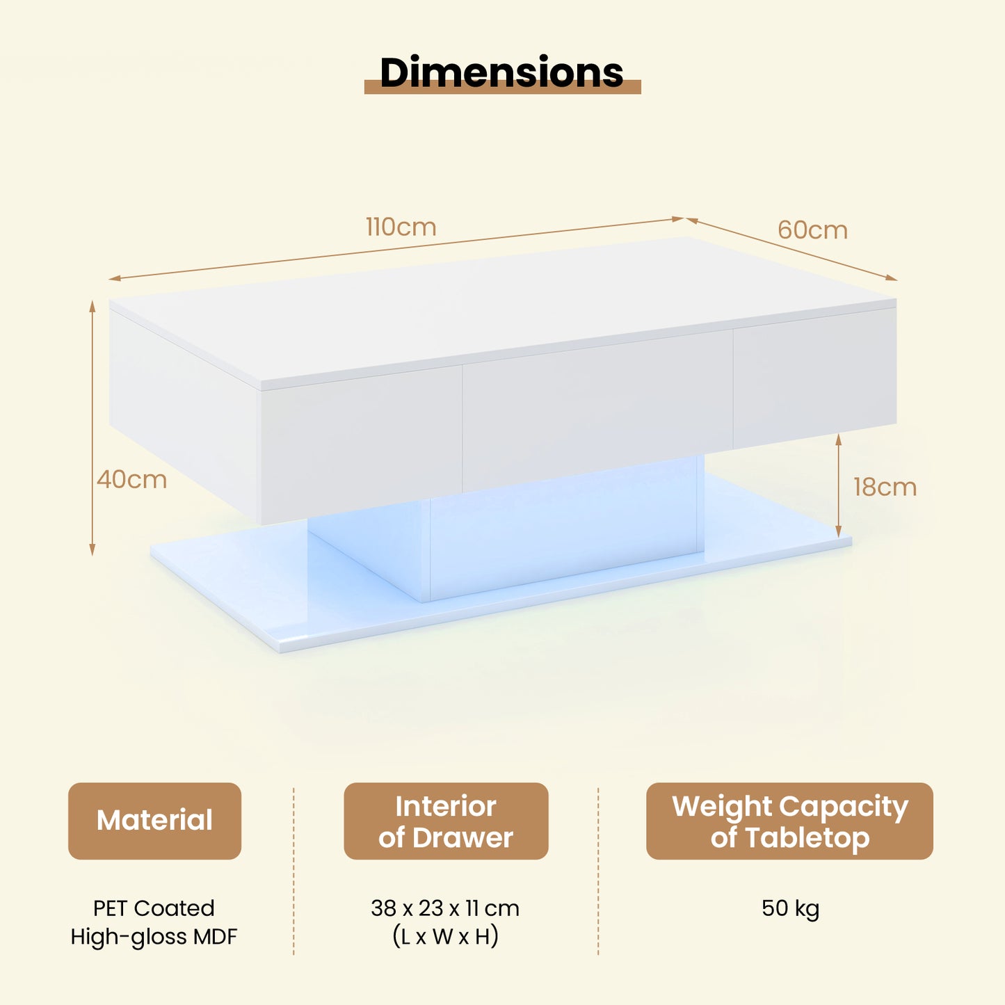 LED Coffee Table with 2 Drawers and Remote Control-White
