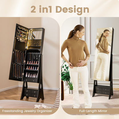3-Color LED Lighted Jewelry Cabinet with Full-Length Mirror and Adjustable Tilt Angles-Black