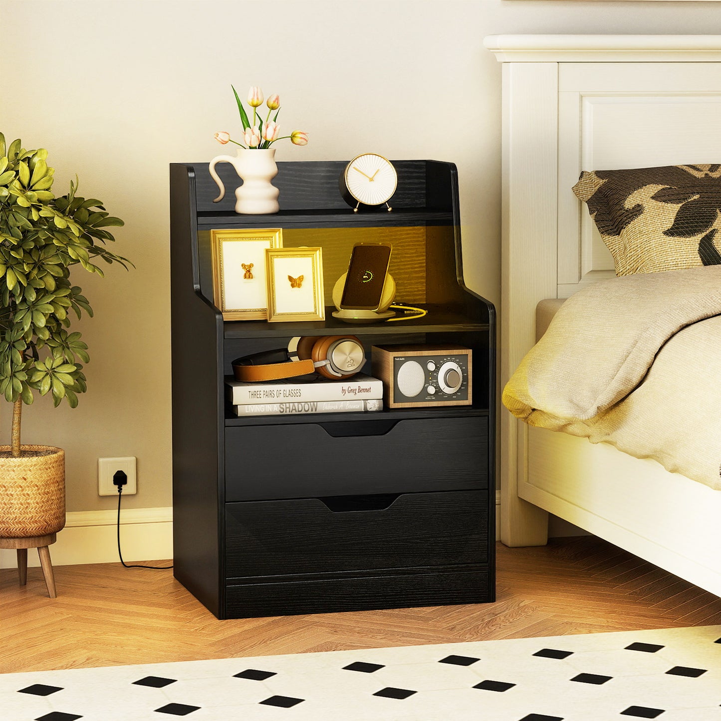LED Nightstand with Charging Station 2-Drawer Bedside Table with Open Shelf-Black
