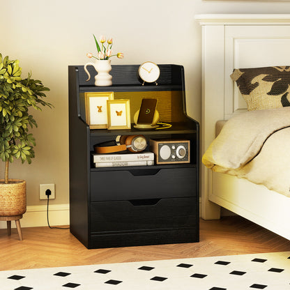 LED Nightstand with Charging Station 2-Drawer Bedside Table with Open Shelf-Black