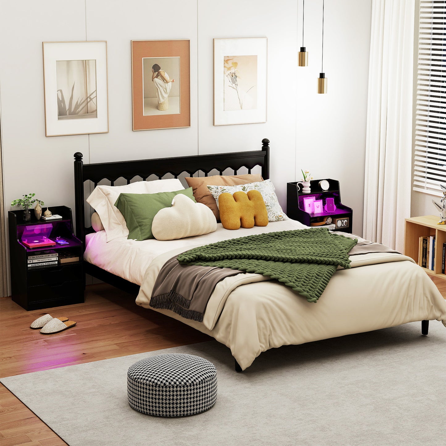 LED Nightstand with Charging Station 2-Drawer Bedside Table with Open Shelf-Black