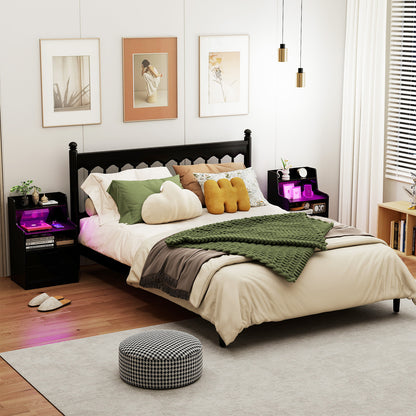 LED Nightstand with Charging Station 2-Drawer Bedside Table with Open Shelf-Black