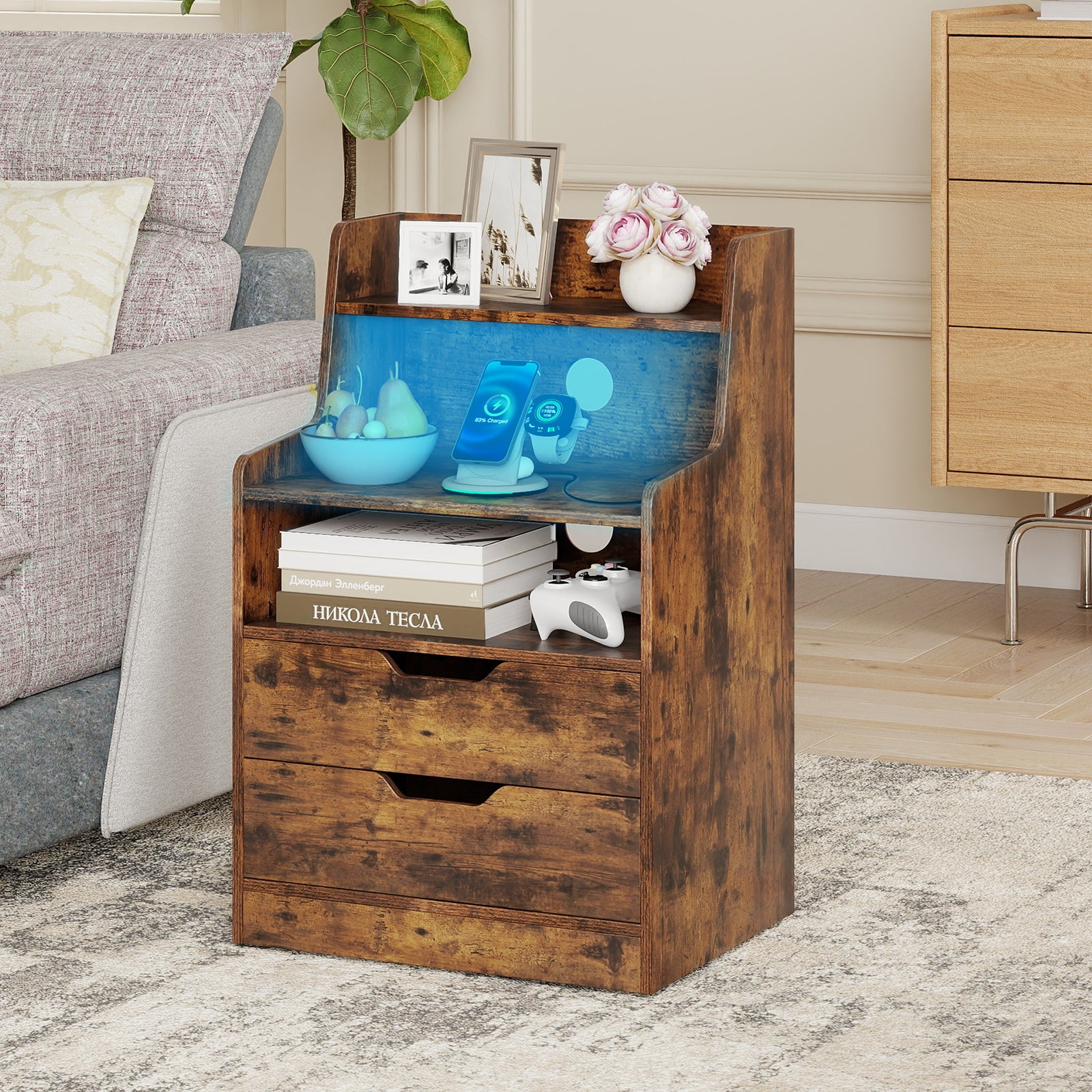 LED Nightstand with Charging Station 2-Drawer Bedside Table with Open Shelf-Rustic Brown