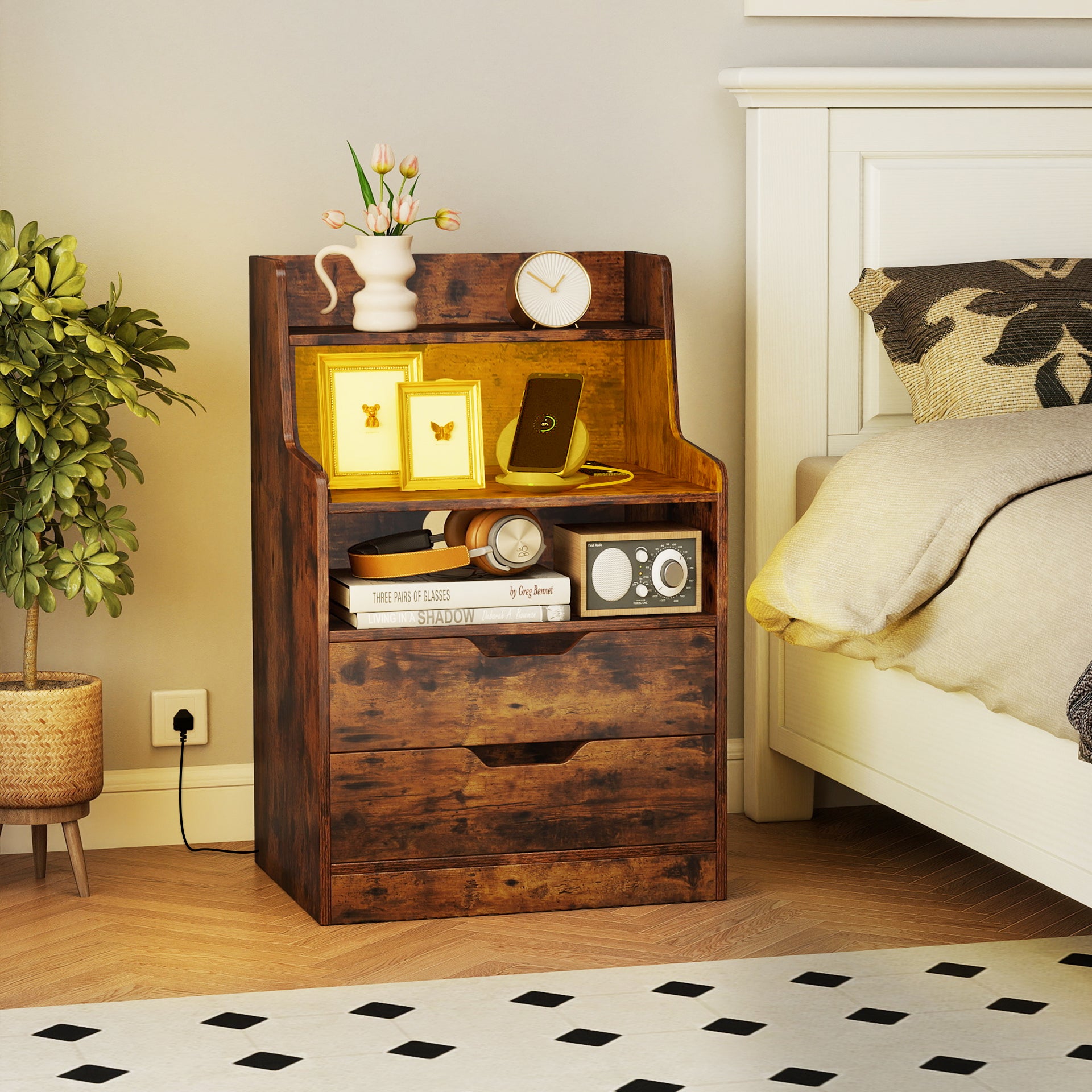 LED Nightstand with Charging Station 2-Drawer Bedside Table with Open Shelf-Rustic Brown