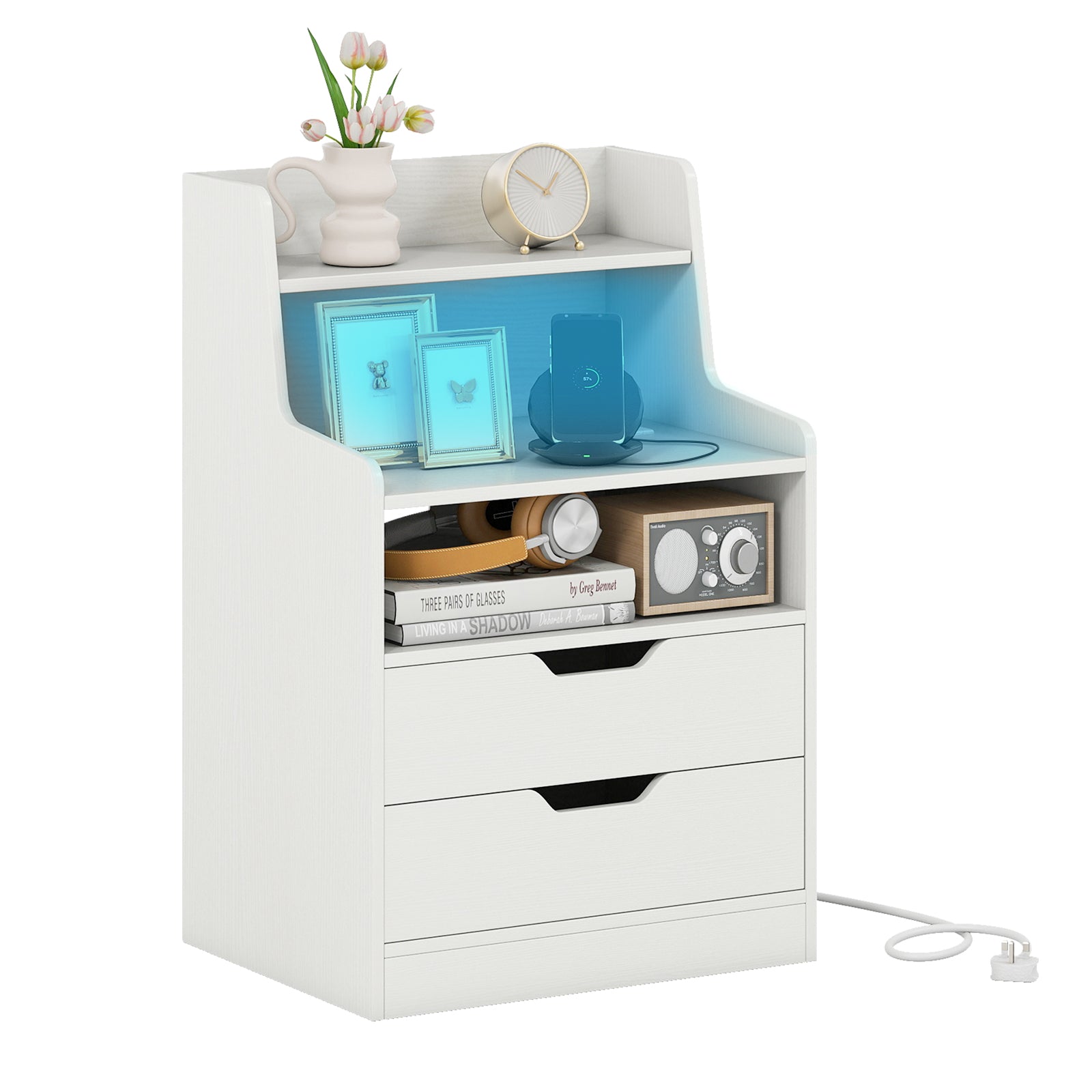 LED Nightstand with Charging Station 2-Drawer Bedside Table with Open Shelf-White