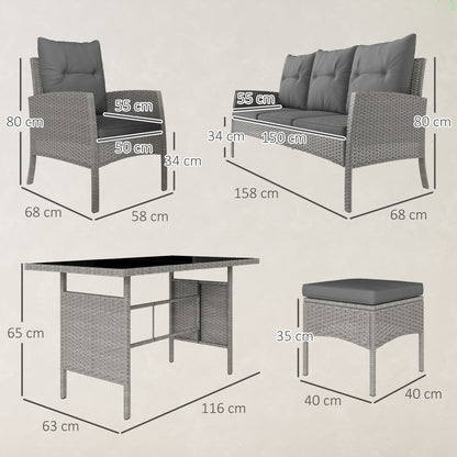 Outsunny 7 Seater Rattan Garden Furniture Set, 6 Piece Patio Dining Set, Armchairs, 3-Seater Sofa, Footstools, Glass Dining Table, Cushions, Wicker Outdoor Furniture for Conservatory Patio, Grey