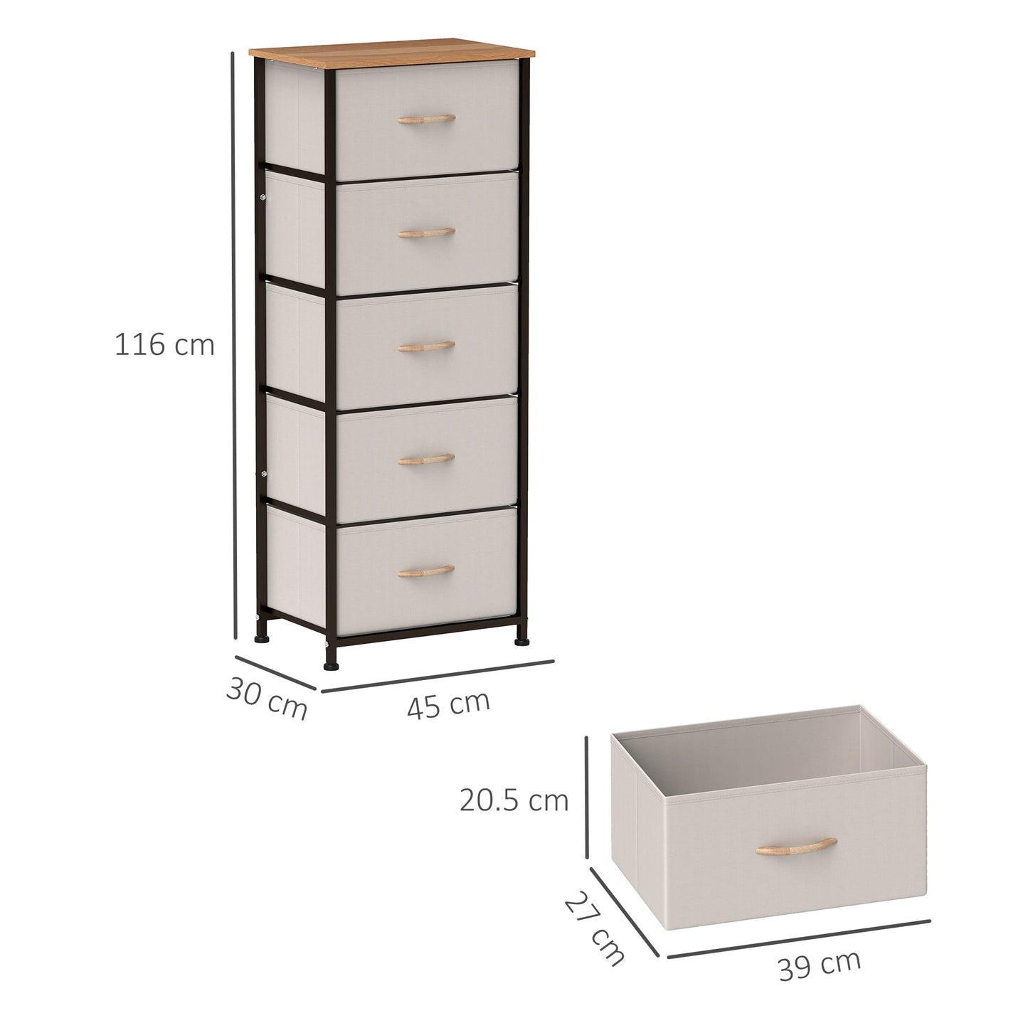 HOMCOM Fabric Chest of Drawers, Industrial Bedroom Dresser with 5 Fabric Drawers, Steel Frame and Wooden Top for Nursery, Living Room, Hallway, Cream White