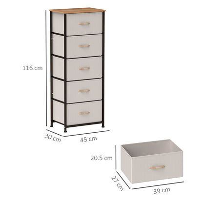 HOMCOM Fabric Chest of Drawers, Industrial Bedroom Dresser with 5 Fabric Drawers, Steel Frame and Wooden Top for Nursery, Living Room, Hallway, Cream White