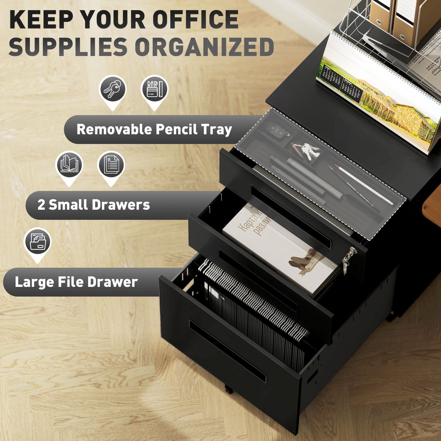 Vinsetto Three-Drawer Steel Filing Cabinet - Black