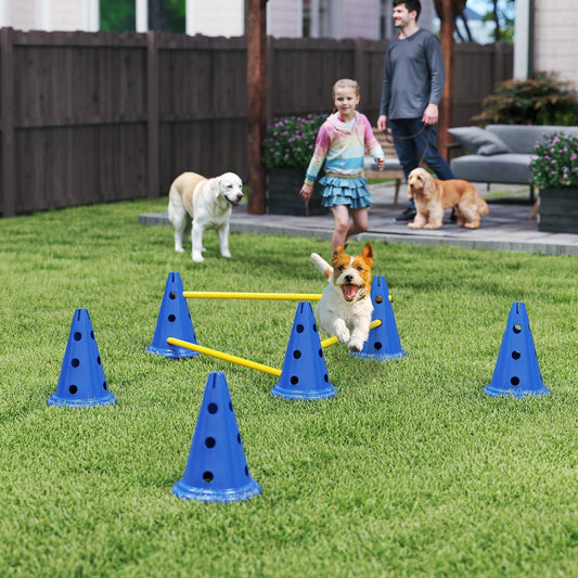 PawHut Dog Agility Equipment Set of Six Cones, Six Poles with Carry Bag, Three-Piece Adjustable Height Jumping Obstacles, Blue