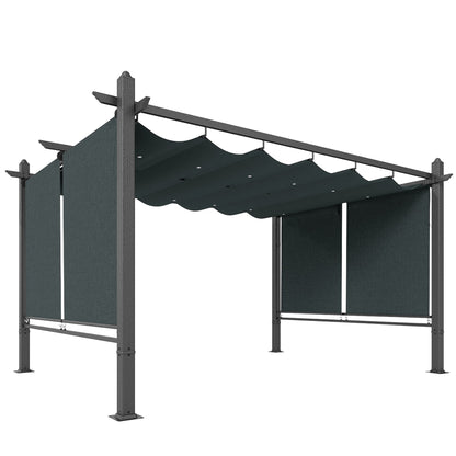 Outsunny 4 x 3 m Garden Pergola with Retractable Roof Canopy and Roll-Up Sides, Outdoor Gazebo Pergola Kit, Dark Grey