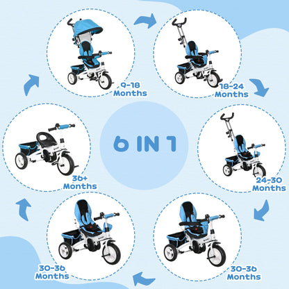 HOMCOM 6 in 1 Kids Trike Push Bike w/ Push Handle, Canopy, 5-point Safety Belt, Storage, Footrest, Brake, for 1-5 Years, Blue